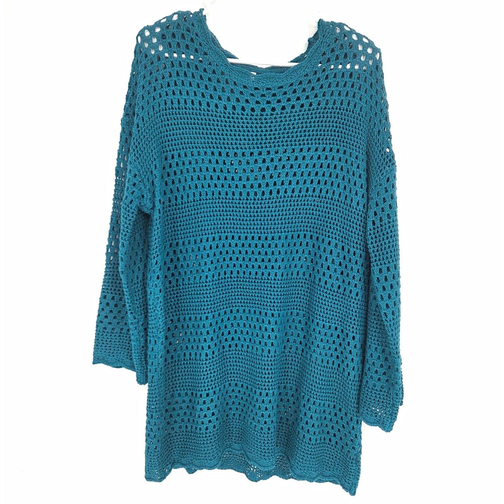 Womens Turquoise Crochet Open Knit Scoop Neck Pullover Sweater Size Large Boho